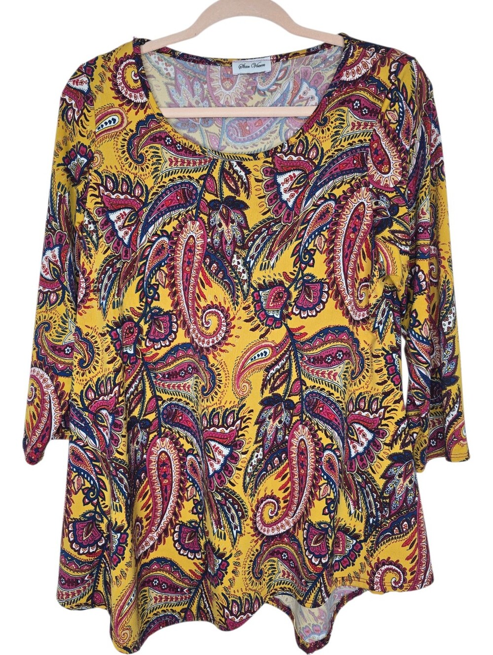 Star Vixen mustard yellow paisley print tunic with a scoop neckline